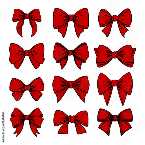 Vector Red Bow Tie or Gift Bow with Outline, Cut Out Icon Set Isolated on White Background. Bows Collection. Bow Design Template