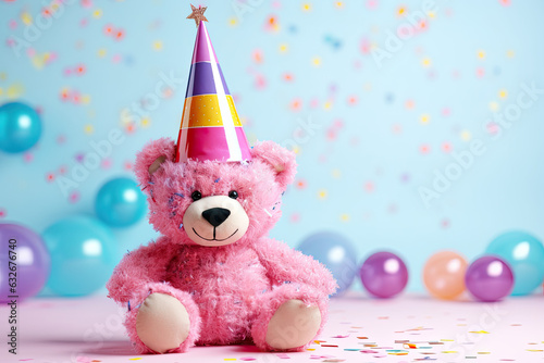 A toy bear with a party hat, birthday party
