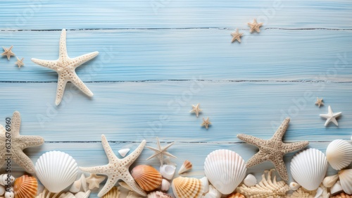 Background beach concept design shells star fish on a wooden blue background created with Generative AI