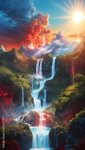 landscape with waterfall, clouds and sun