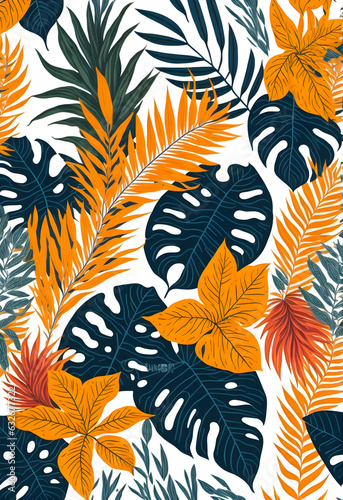 Abstract seamless tropical pattern with bright plants and leaves on transparent background