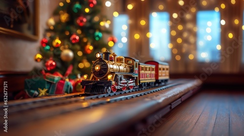 Toy Locomotive Under the Christmas Tree. Toy Train Under the Christmas. New Year's toy locomotive. Christmas Presents. Happy New Year. Merry Christmas. Christmas Tree.