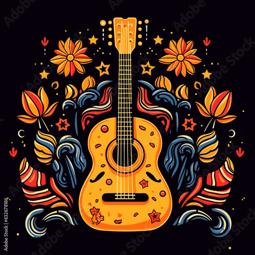 Guitar solo, lyrical depiction of a musical instrument with floral decoration. Cartoon vector illustration.