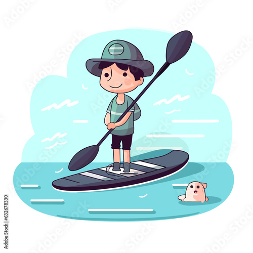 Stand up paddle board man paddleboarding. Summer holidays vacation travel. Cartoon vector illustration.