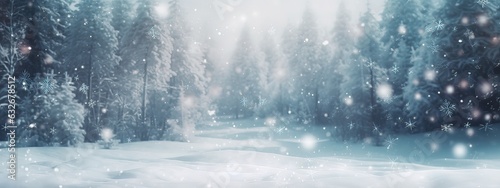 Blurry image of a winter forest, small snowdrifts and light snowfall - a beautiful winter-themed background wide format