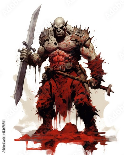 Fantasy RPG Bloody Barbarian painting, white background, created with generative ai
