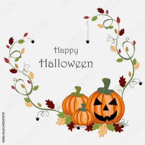 Hello halloween pumpkins with autumn leaves. postcard. vector illustration.