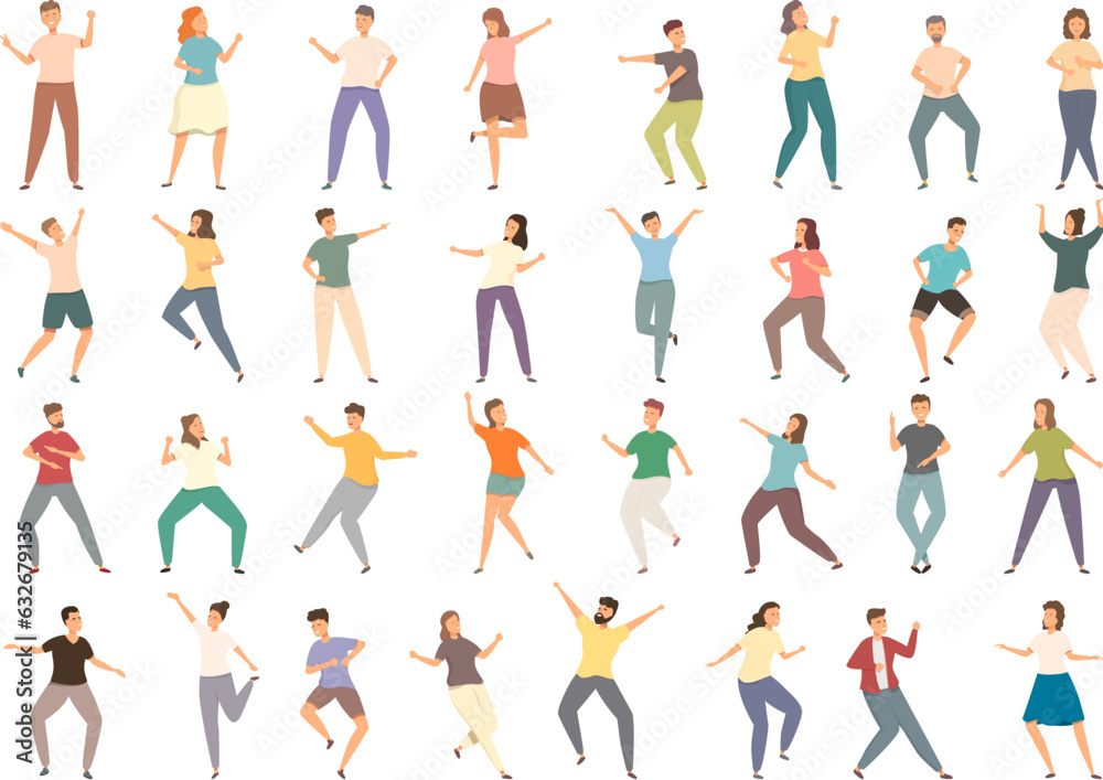 Dancing icons set cartoon vector. Dance party. Fashion girl