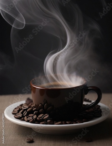 A steaming cup of freshly brewed coffee with beans, surrounded by a swirl of aromatic steam.