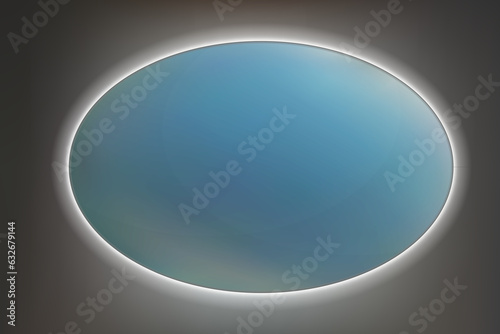 Oval bathroom mirror with white LED backlit on a dark background. Trendy interior design object without reflection. Modern backlight