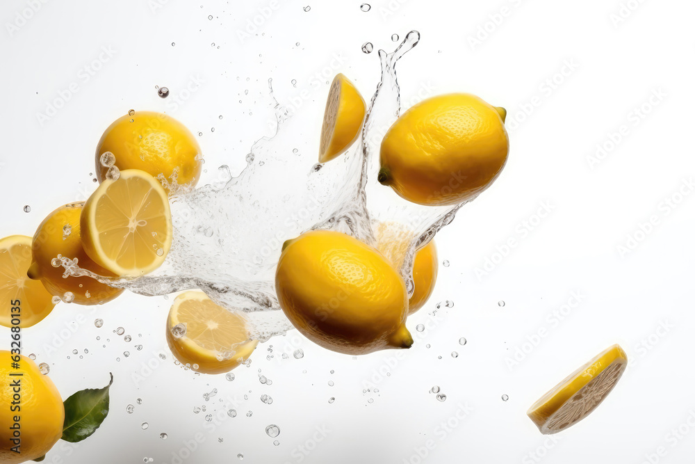 Lemons Flying On White Background, Floating In The Air. Generative AI - obrazy, fototapety, plakaty 