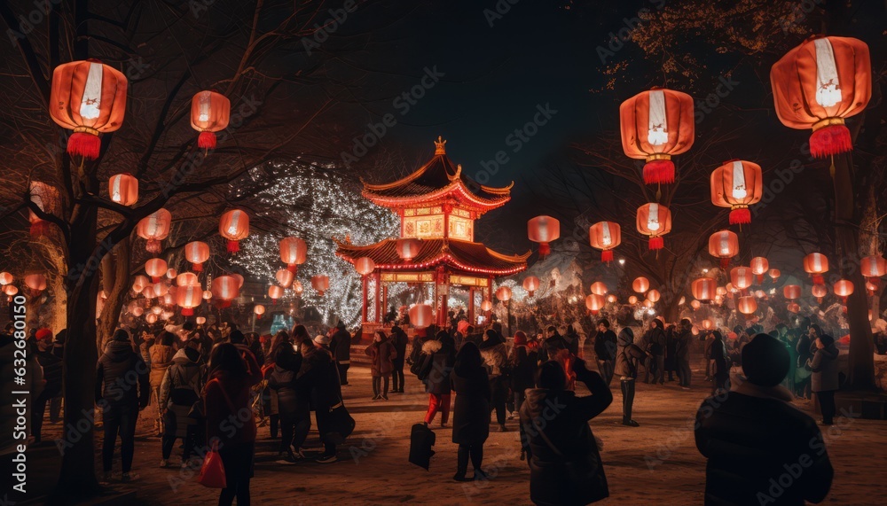 Photo of people posing in front of vibrant red lanterns the Lunar New Year