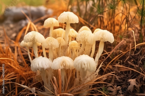Lions Mane Closeup Of Forest Mushrooms In The Grass, Autumn Season Small Mushrooms. Generative AI