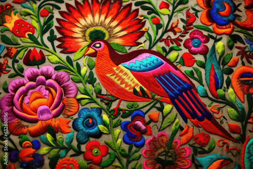 Intricate Mexican Embroidery Showcases Vibrant Floral Motifs And Patterns. Generative AI photo