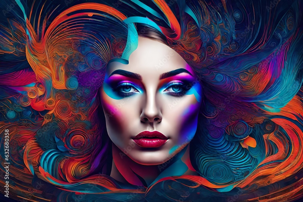 Fashion model face with fantasy art make-up generated by AI tool