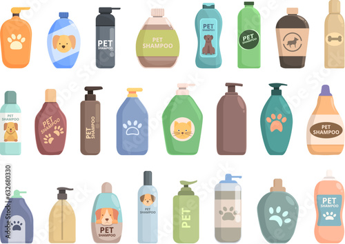 Pet Shampoo icons set cartoon vector. Container skin. Medical bottle