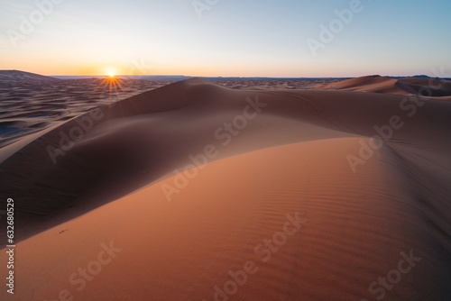 Sahara Morocco: Majestic desert expanse, offering golden dunes, captivating landscapes, and an enchanting experience under the starlit desert skies. High quality photo