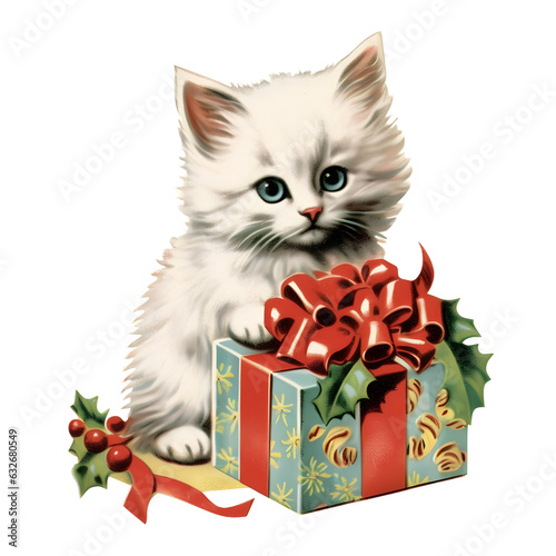 Watercolor cute funny kitten Christmas winter. isolated on white background. Hand drawn illustration sketch. Retro style