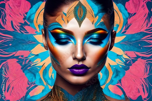 Fashion model face with fantasy art make-up generated by AI tool