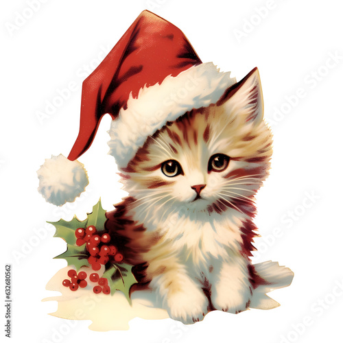 Watercolor cute funny kitten Christmas winter. isolated on white background. Hand drawn illustration sketch. Retro style