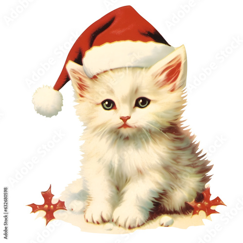 Watercolor cute funny kitten Christmas winter. isolated on white background. Hand drawn illustration sketch. Retro style