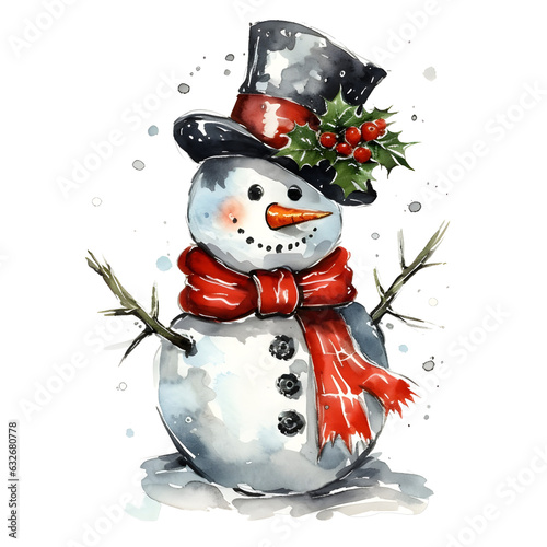 watercolor illustration, merry snowman symbol winter, children's illustration, new year, retro style, vintage snowman