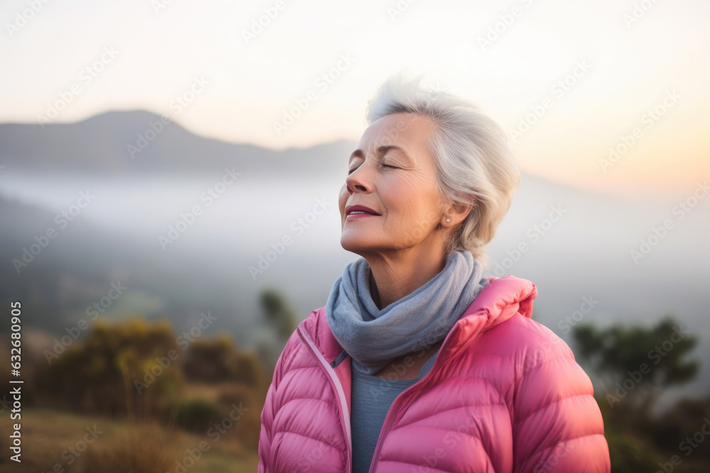 Senior Lady Practicing Breathing in Nature Senior Lady Practicing Breathing in Nature