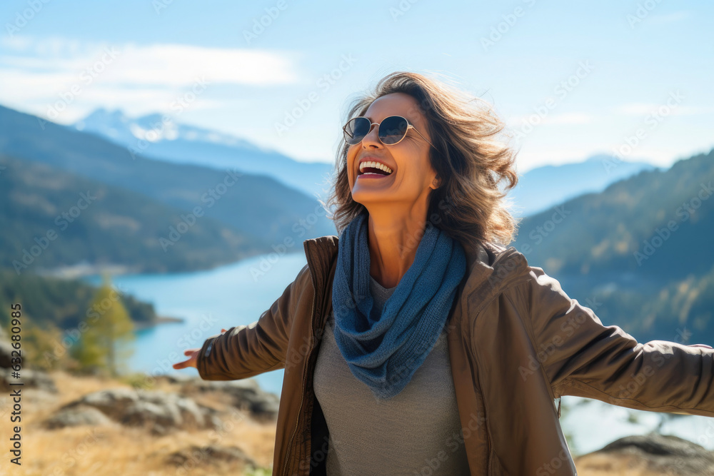 Embracing Fresh Alpine Air: Portrait of a Joyful Middle-Age Woman Embracing Fresh Alpine Air: Portrait of a Joyful Middle-Age Woman