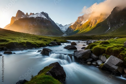 A beautiful scenery of a waterfall and mountains - AI generative