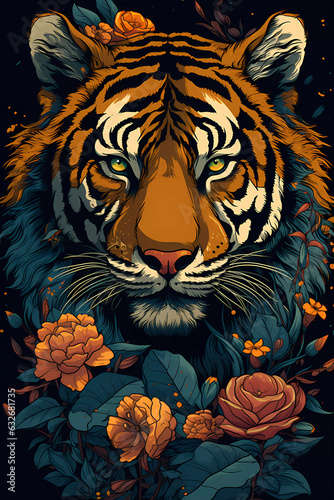 Animal wallpaper of a tiger with floral style,AI