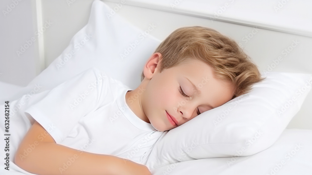 Boy child sleeping soundly on a white pillow, on white background.Generative AI Boy child sleeping soundly on a white pillow, on white background.Generative AI