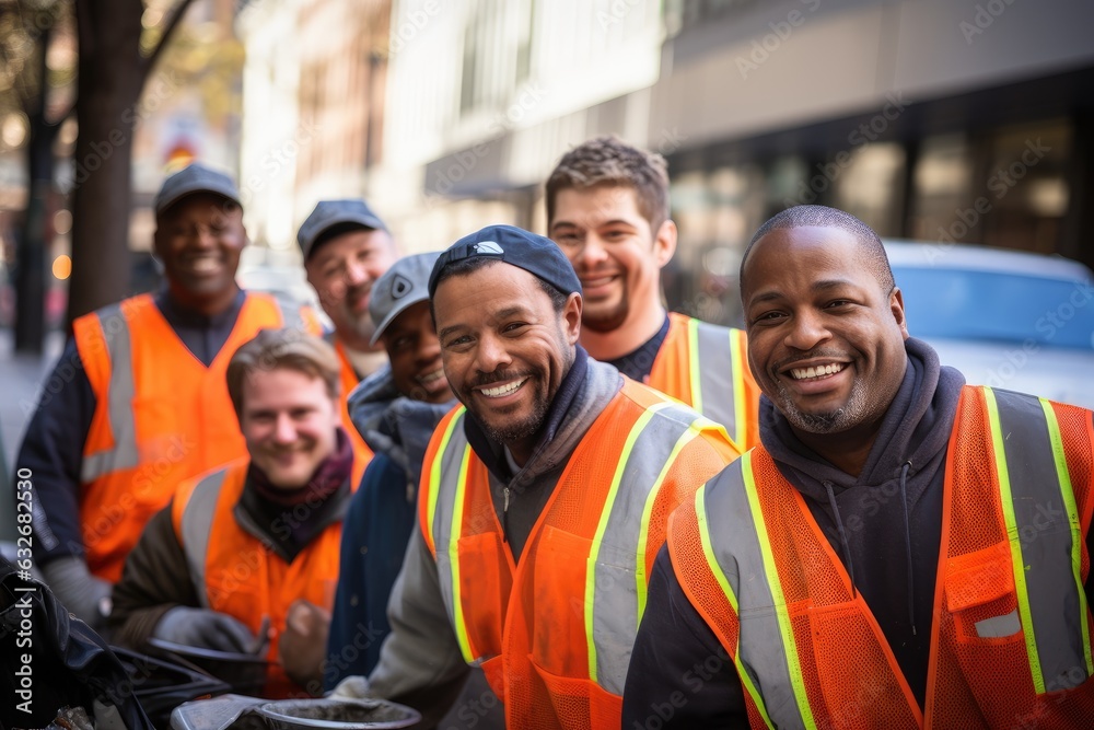 Diverse and mixed group of sanitation workers taking a portrait photo taken together while working in New York