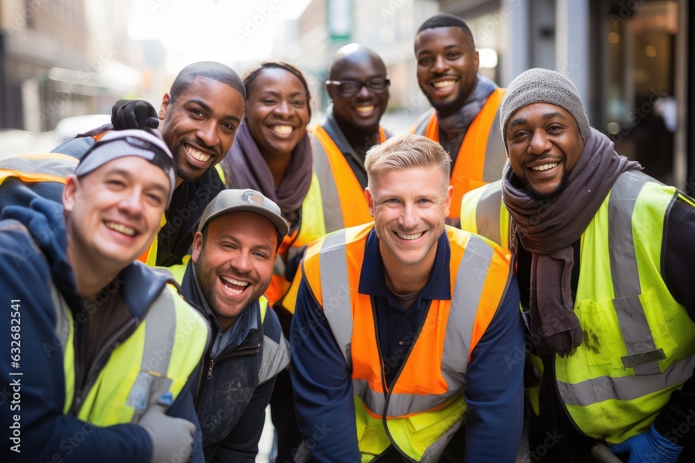 Diverse and mixed group of sanitation workers taking a portrait photo taken together while working in New York Diverse and mixed group of sanitation workers taking a portrait photo taken together while working in New York