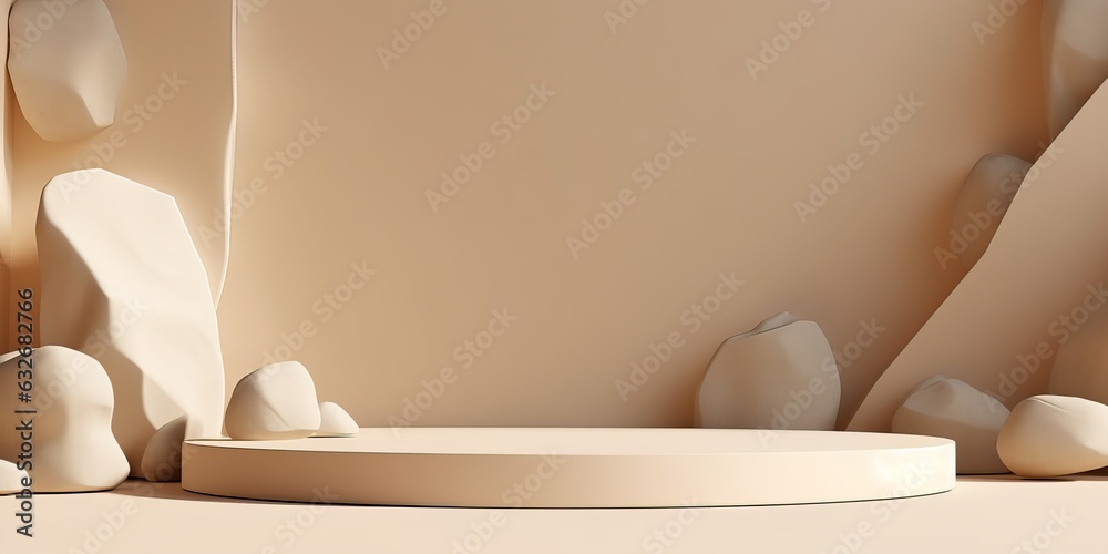 Light beige background for a presentation with a round podium and stones Light beige background for a presentation with a round podium and stones
