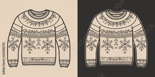 Vintage retro xmas christmas ugly cozy hipster sweater pullover cloth. Can be used for logo or decoration. Monochrome Graphic Art. Vector. Hand drawn element in engraving. illustration