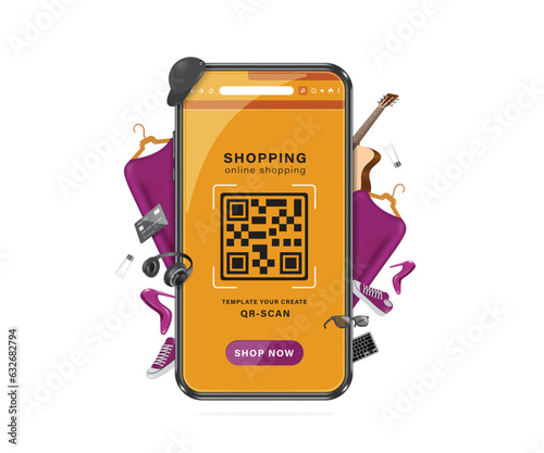 template for advertising paying for online shopping by scanning QR code on smartphone and there are many products place next to smartphone for customers to buy