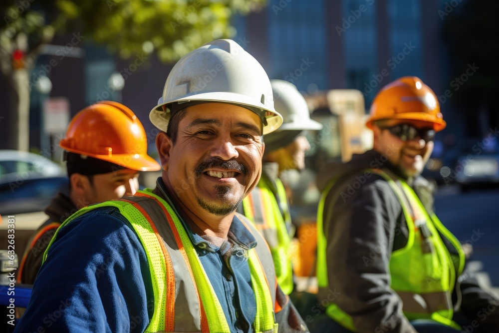Group of mexican construction workers working on a project in california USA Group of mexican construction workers working on a project in california USA