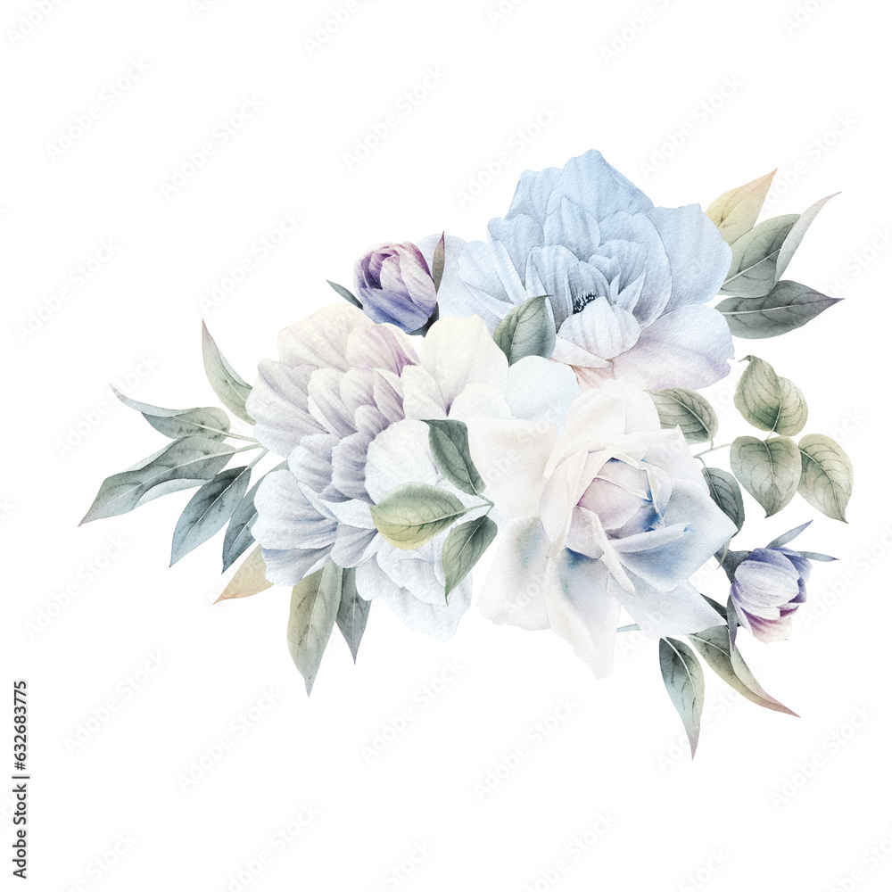 Bouquet of flowers and greenery, can be used as greeting card, invitation card for wedding, birthday and other holiday and summer background. Watercolor illustration Bouquet of flowers and greenery, can be used as greeting card, invitation card for wedding, birthday and other holiday and summer background. Watercolor illustration
