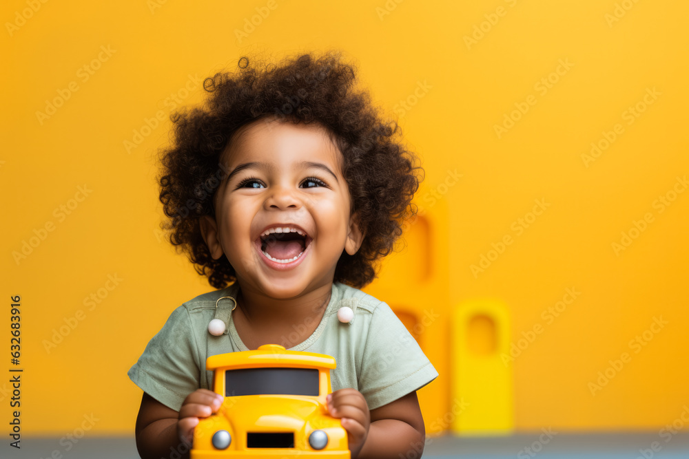 Brazilian toddler boy playing with a toy car  photo with empty space for text  - obrazy, fototapety, plakaty 