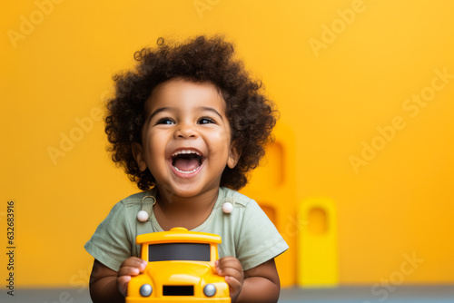 Brazilian toddler boy playing with a toy car photo with empty space for text 