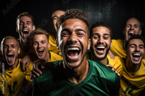 Brazilian football team celebrating a victory photo with empty space for text 