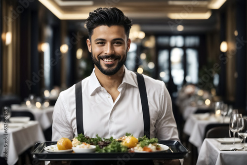 Young smiling waiter with short black hair and short beard in a restaurant. He has a tray in his hands and brings food to a table.