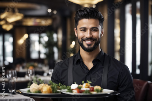 Young smiling waiter with short black hair and short beard in a restaurant. He has a tray in his hands and brings food to a table.