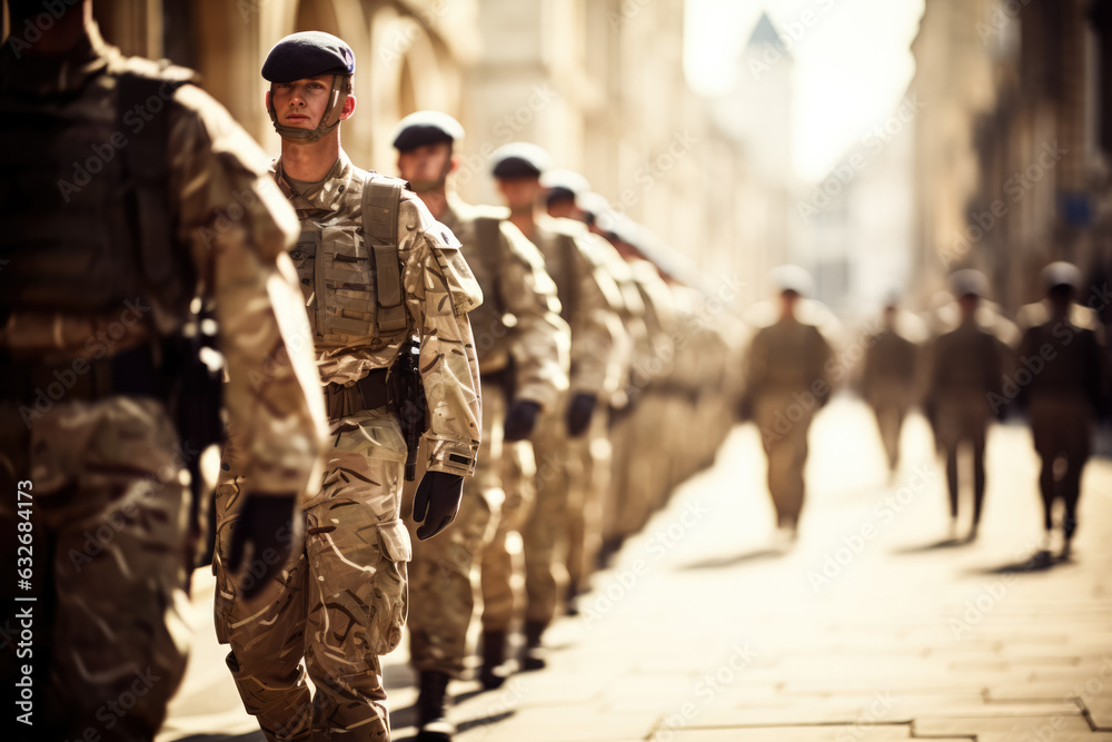 British soldiers marching during a parade  photo with empty space for text  - obrazy, fototapety, plakaty 