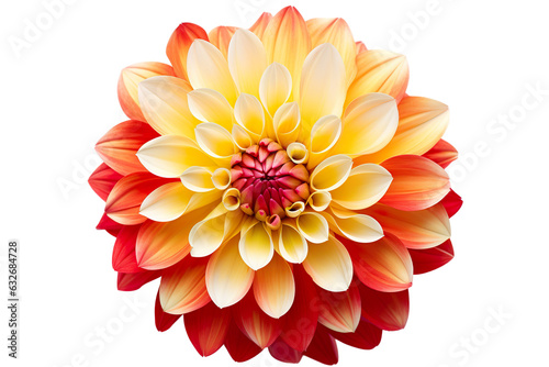 photorealistic close-up of a yellow red dahlia on white background isolated PNG