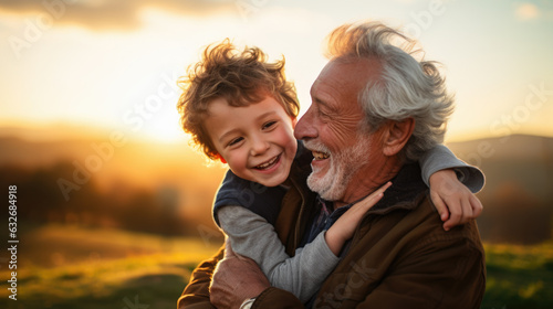 happy grandparent and grandson hugging and having fun in nature