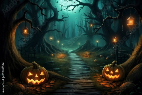 Moonlit forest path leading to a hidden witch's cottage and pumpkins. Halloween, pumpkin, Halloween background Generative AI photo