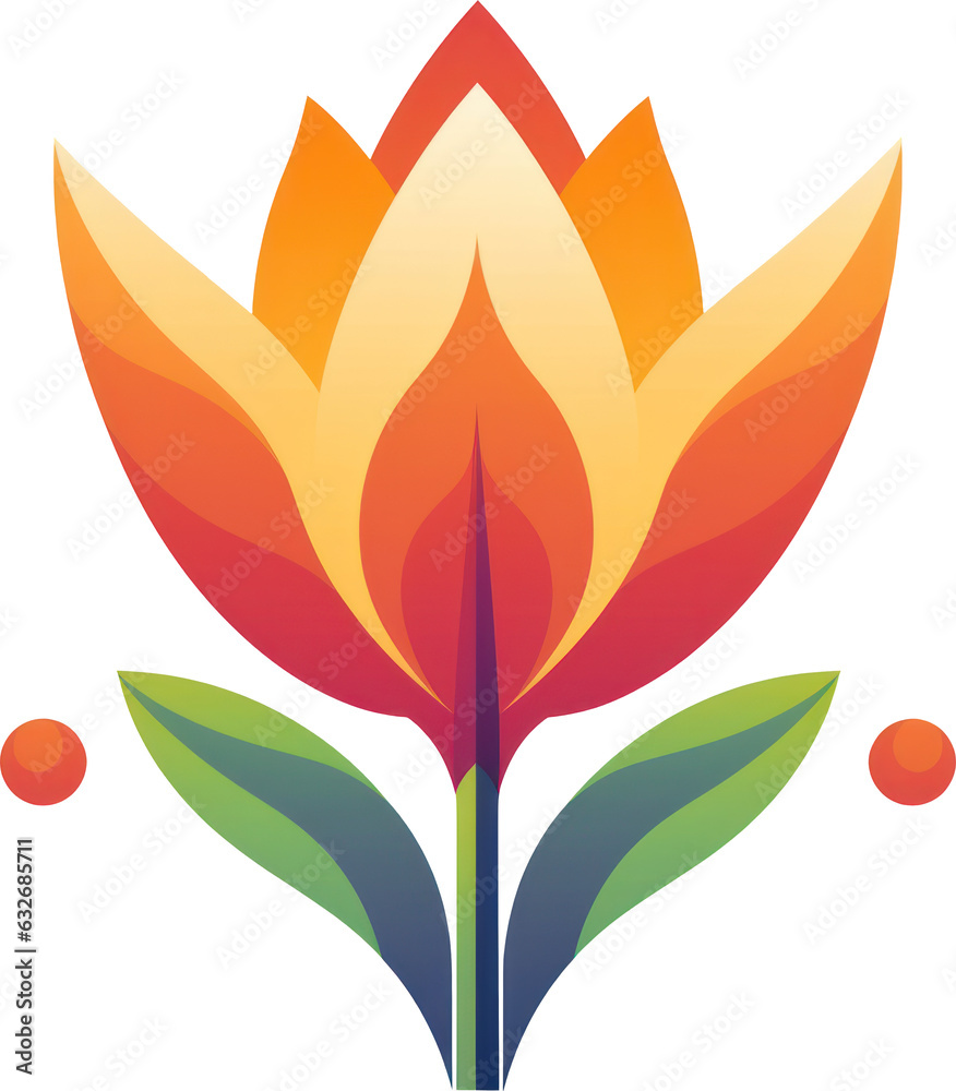Fototapeta premium Vibrant clip art illustration of a tulip flower with red, orange, and yellow petals and green leaves against a transparent background, perfect for creative projects. Generative AI.