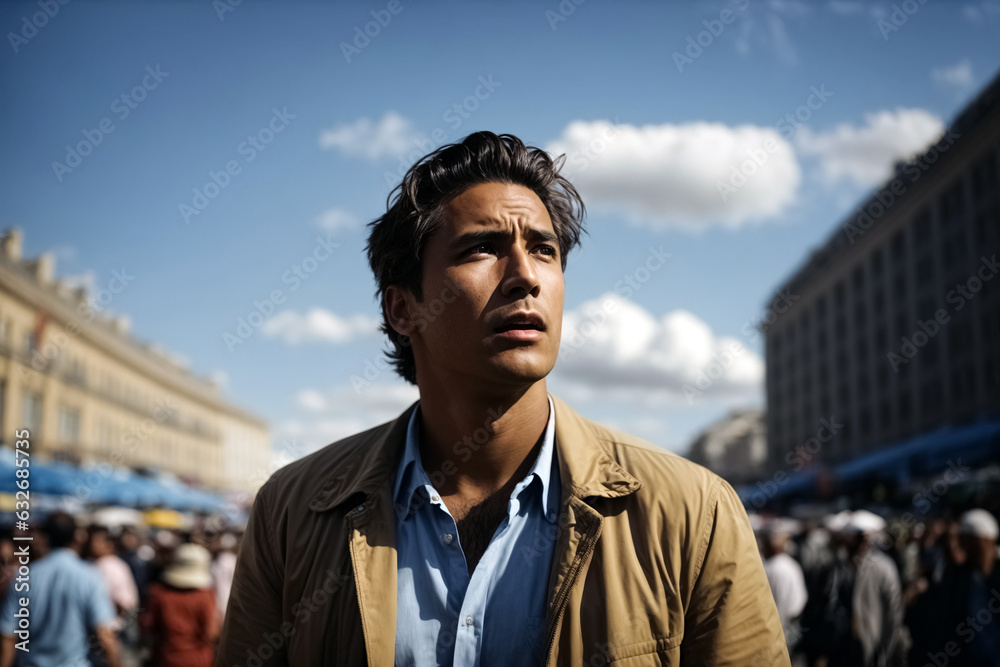 Man is frightened because he sees something in the sky in a busy public setting. Man is frightened because he sees something in the sky in a busy public setting.