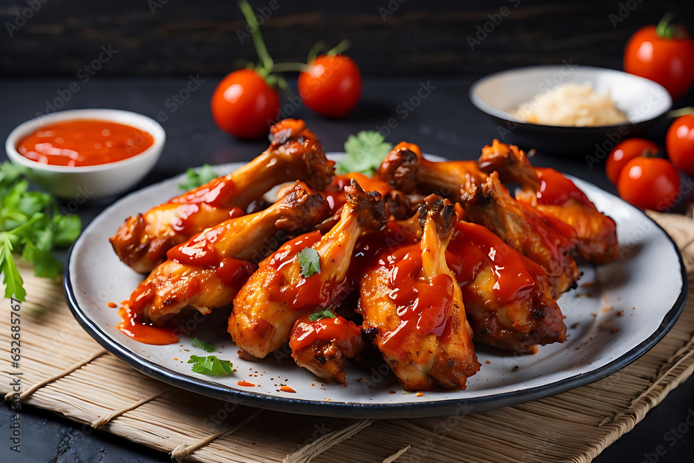 baked chicken wings in the asian style and tomatoes sauce on plate